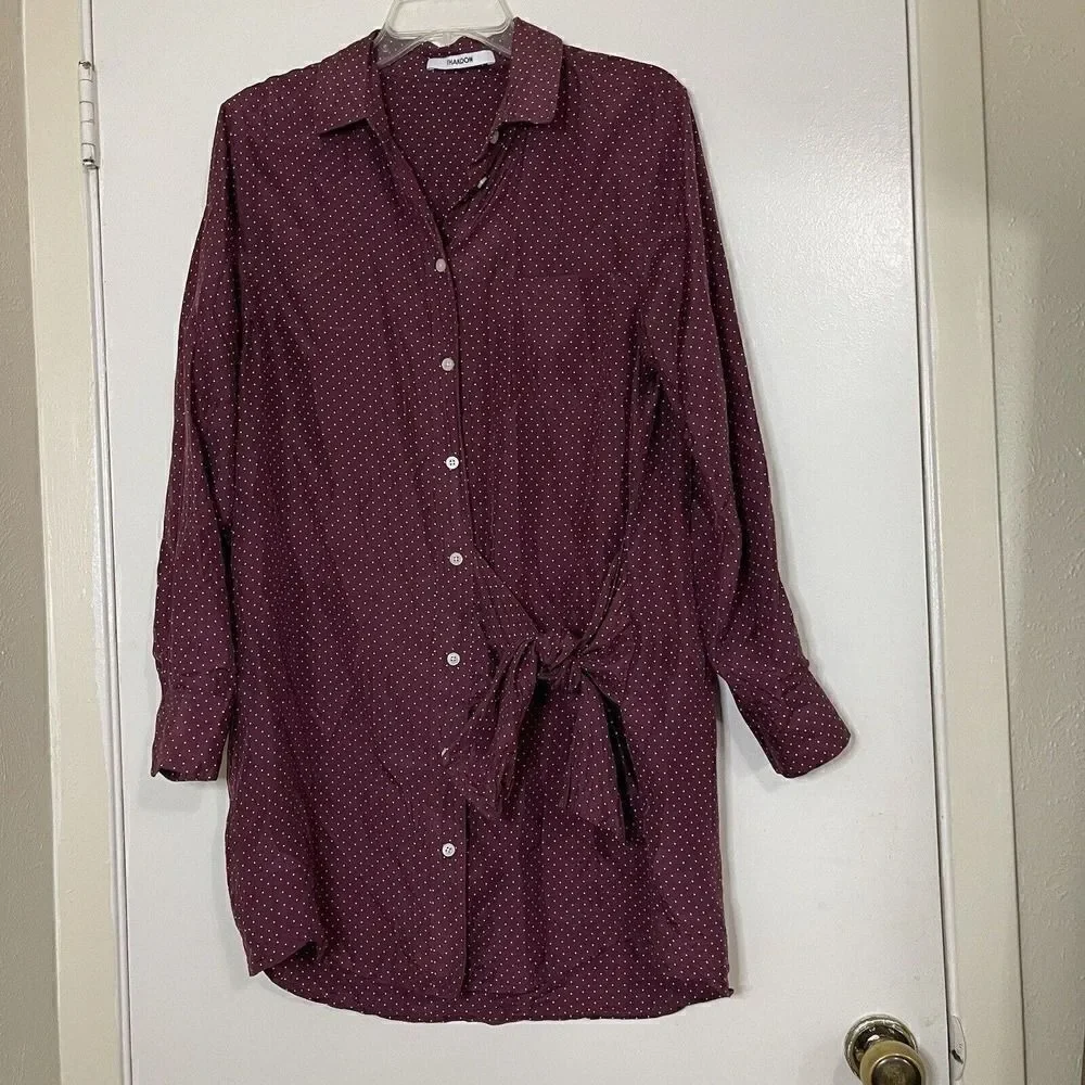 THAKOON maroon red dotted silk button down shirt dress size large